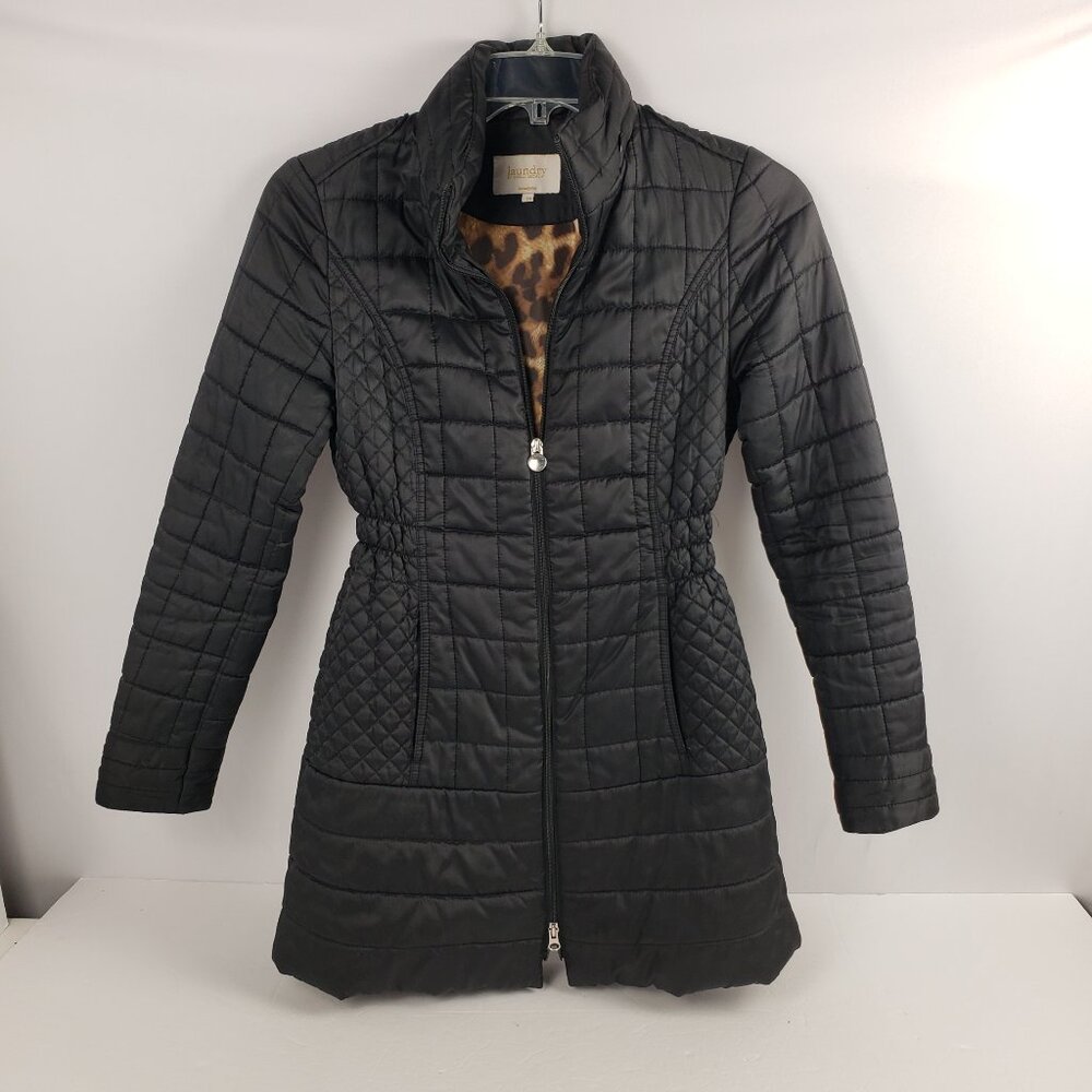Laundry XS Black Hooded Quilted Double Zipper Leopard Jacket Womens Coat Puffer